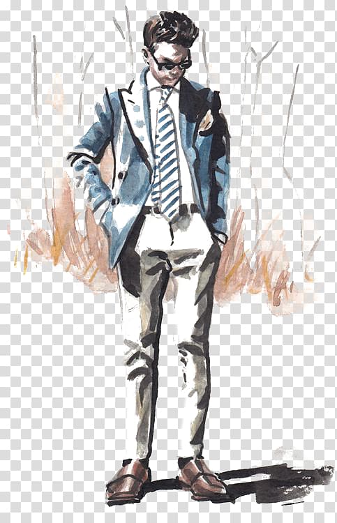man wearing gray and white suit painting, New York Fashion Week Suit Fashion illustration Illustration, Fashion Suit transparent background PNG clipart