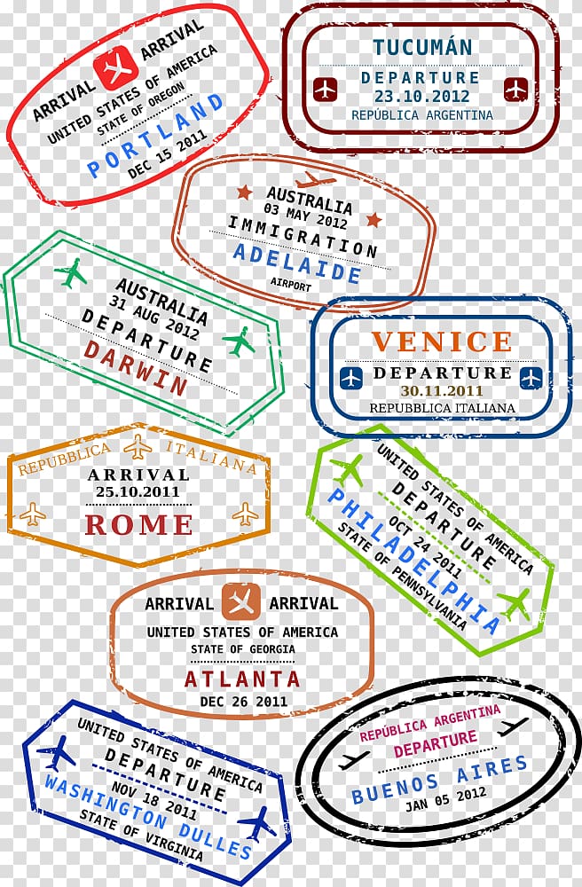 Passport stamp Travel visa , Along with airplane travel, assorted-color stamps transparent background PNG clipart