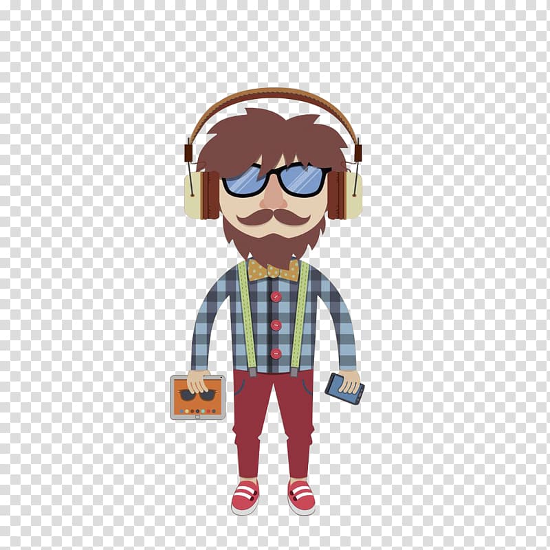 Boy Illustration, Holding a tablet and a cell phone with a headset transparent background PNG clipart