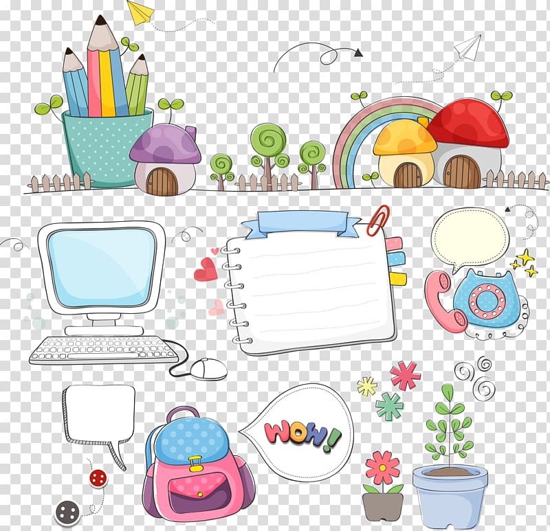cartoon computer monitor, notebook, plants, telephone, and pencil illustration, Learning School , cartoon school supplies transparent background PNG clipart