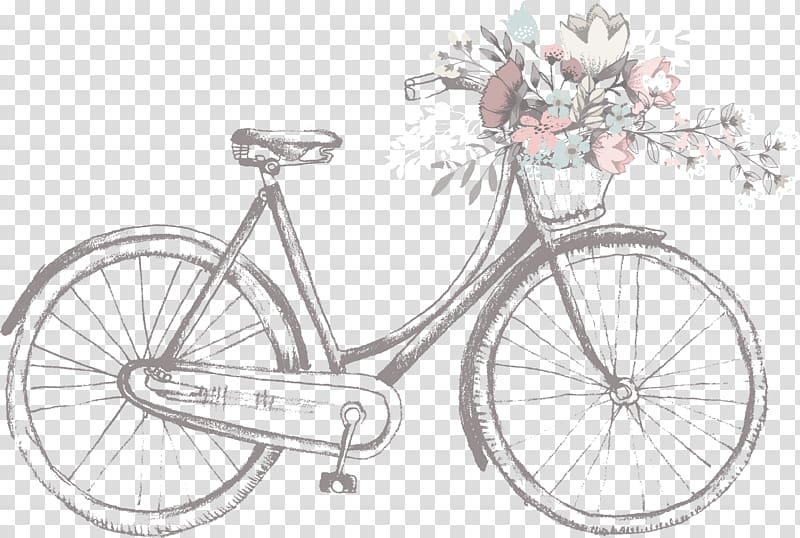 Wedding invitation Bicycle , bicycle, gray cruiser bike with flowers in its basket illustration transparent background PNG clipart
