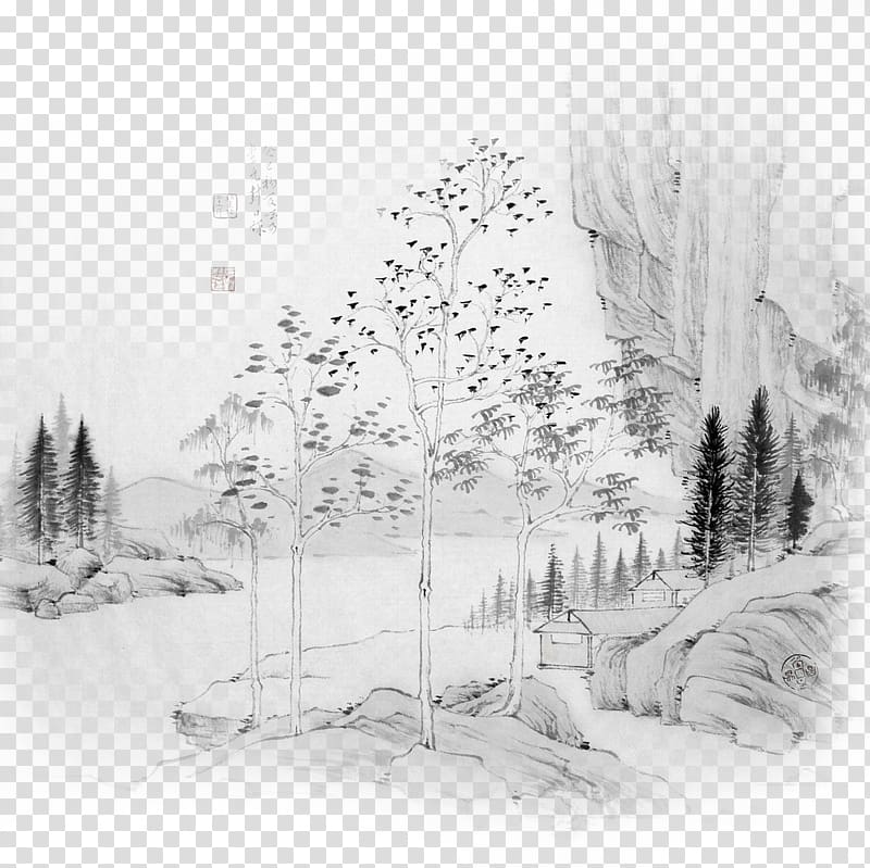 Ink wash painting Shulin District Chinese painting, castle creek woods fig ink transparent background PNG clipart
