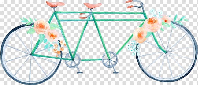 green tandem bike illustration, Wedding Bicycle Watercolor painting , Double hand-painted bicycle transparent background PNG clipart