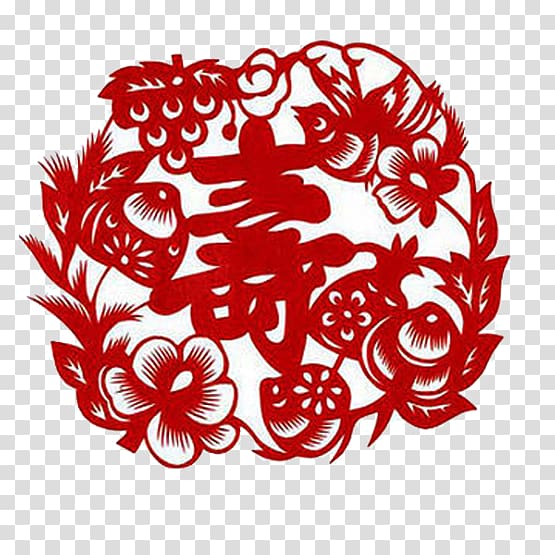 China Papercutting Sanxing Chinese New Year, Many paper-cut elements splicing longevity word transparent background PNG clipart