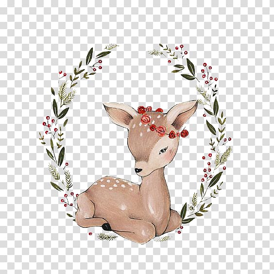 brown deer with floral border illustration, Reindeer Antler Fauna Wildlife Illustration, Deer and garland transparent background PNG clipart