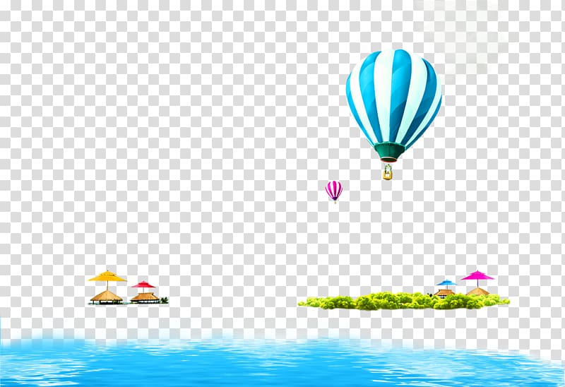 hot air balloons, island, and body of water illustration, Blue Fresh Hot Air Balloon Ocean Border Texture transparent background PNG clipart