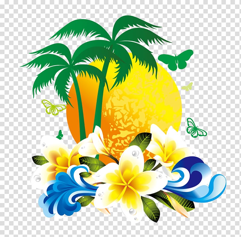 flowers, tree and sun illustration, Coconut, Gorgeous tropical flowers coconut tree material transparent background PNG clipart