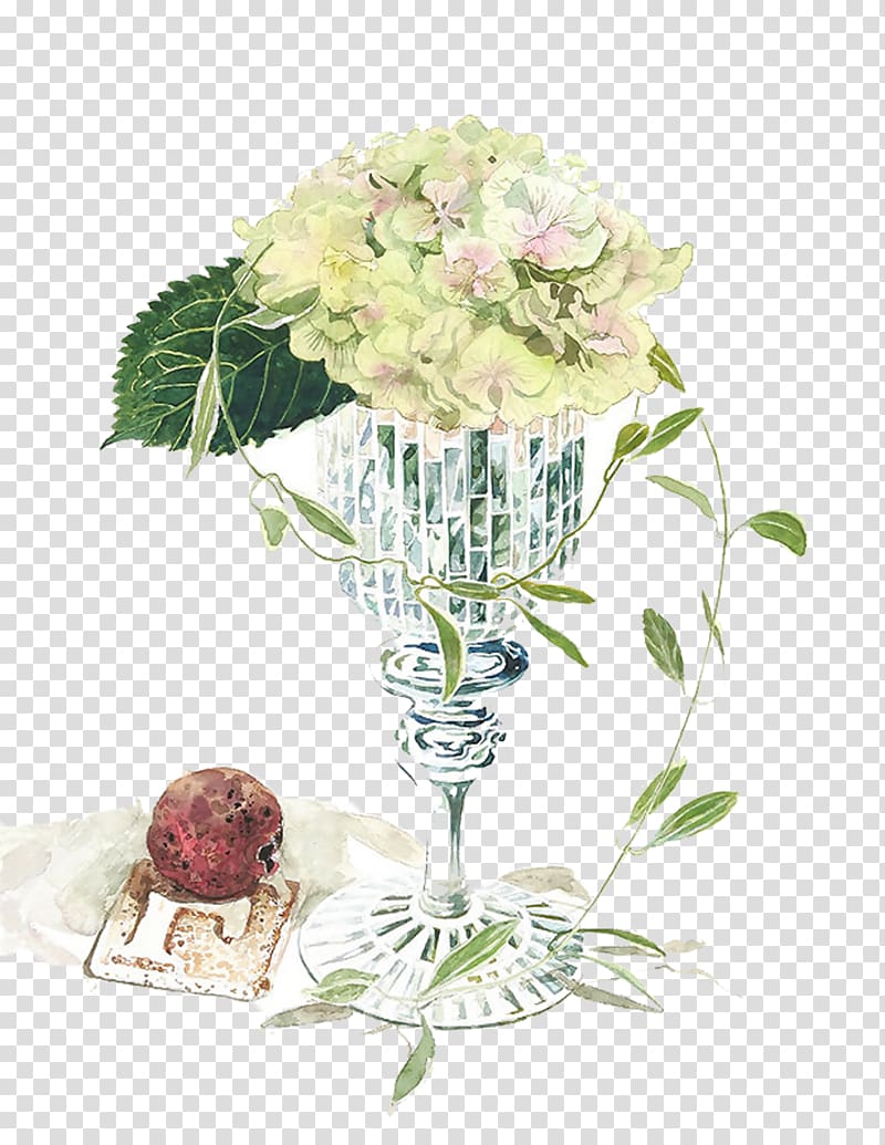 green flowers illustration, French hydrangea Floral design Vase Flower, High vase of hydrangea material transparent background PNG clipart