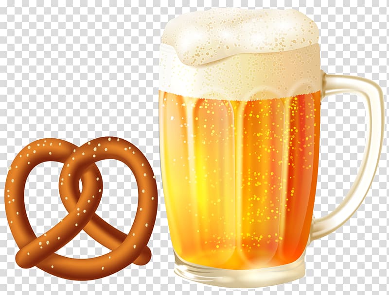 beer glass with pretzel sticker, Beer glassware Root beer , Beer Mug and Pretzel transparent background PNG clipart