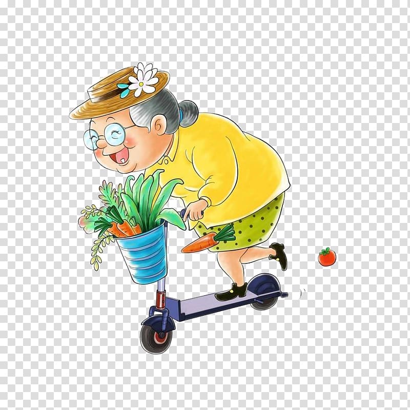 Scooter Chengguanzhen Cartoon, Riding a scooter to buy food of the old lady transparent background PNG clipart