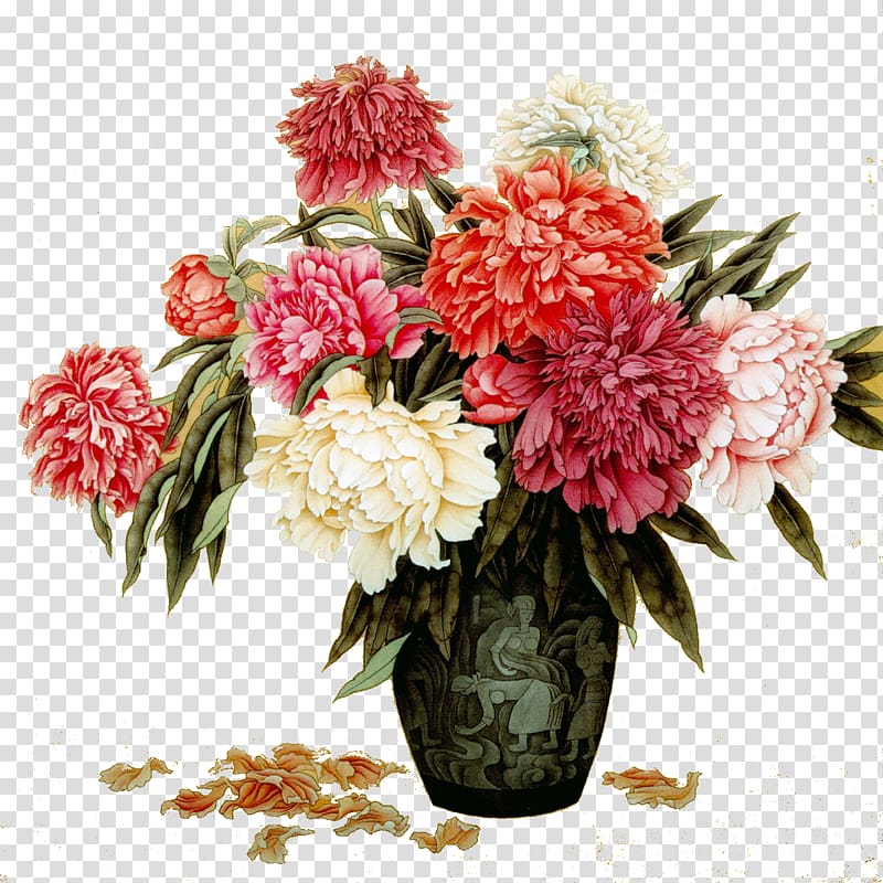 white, red, pink, and orange petaled flower bouquet in vase, Chinese painting Vase Moutan peony Ink wash painting, peony transparent background PNG clipart
