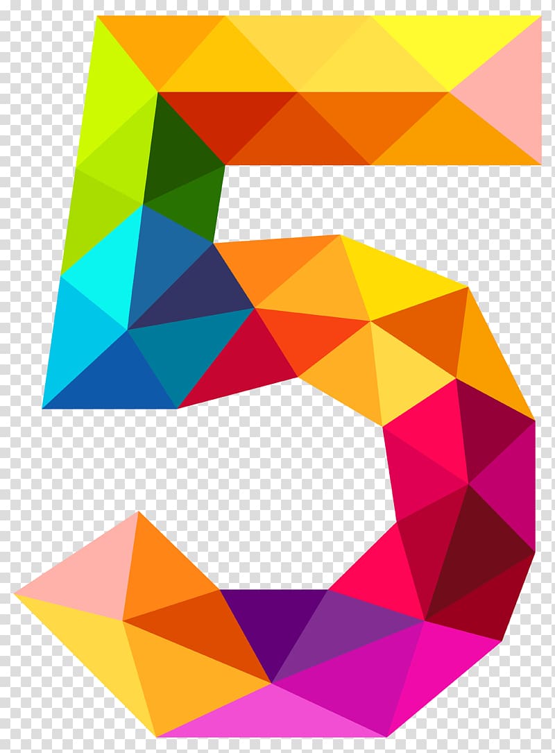 Number , Colourful Triangles Number Five , yellow, blue, and purple 5 letter transparent background PNG clipart