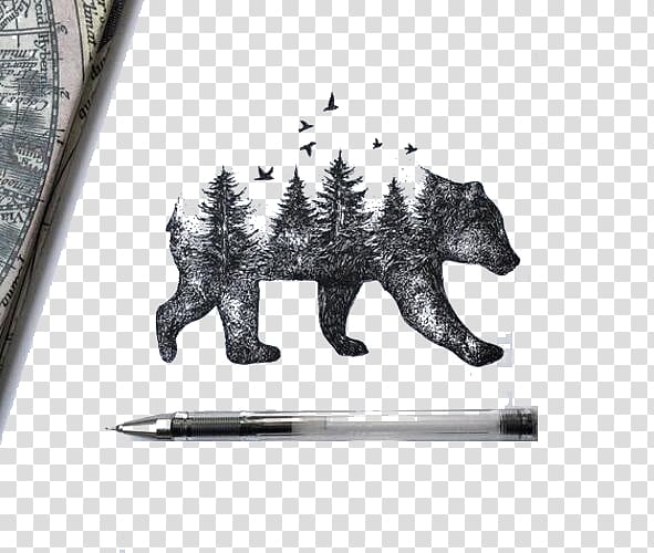 bear tree artwork and black pen, Bear Drawing Tattoo Idea Sketch, Hand-painted wild bears transparent background PNG clipart