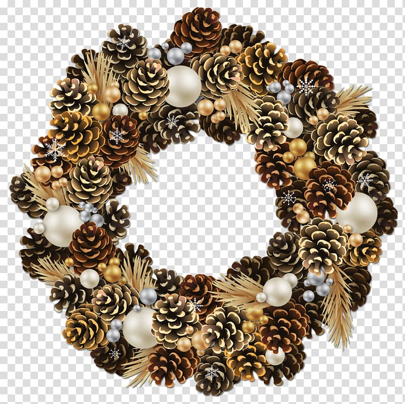 brown and green pine cone wreath, Christmas ornament Wreath Garland , Christmas Pinecone Wreath with Pearls transparent background PNG clipart