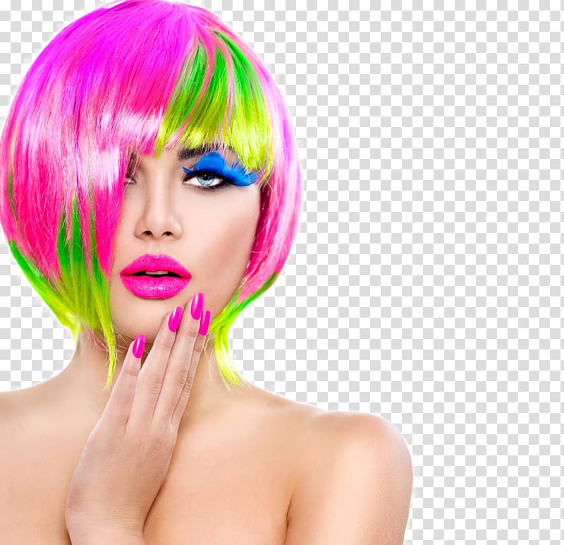 pink and green haired woman, Hair coloring Hairstyle, Sexy Makeup beauty transparent background PNG clipart