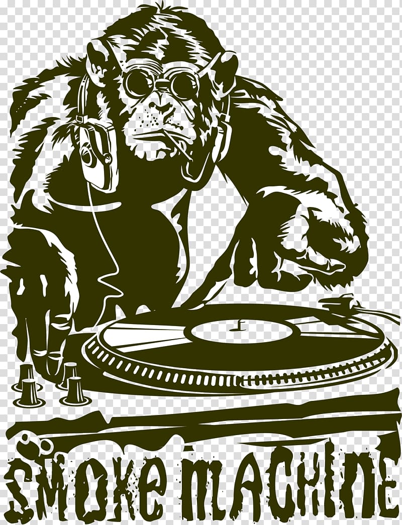 Smoke Machine illustration, Gorilla Disc jockey House music, Trend gorilla DJ transparent background PNG clipart