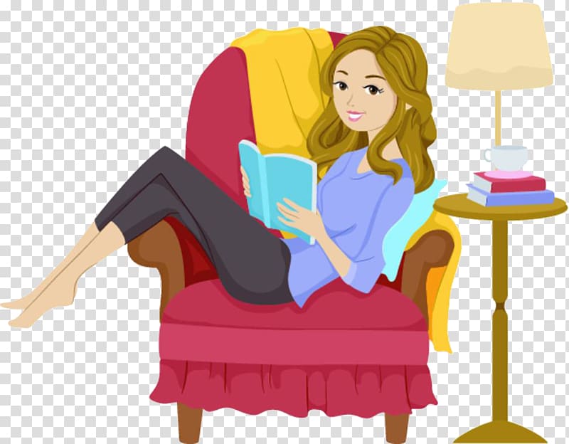 woman reading book illustration, Reading Girl Book , A woman reading on a sofa transparent background PNG clipart