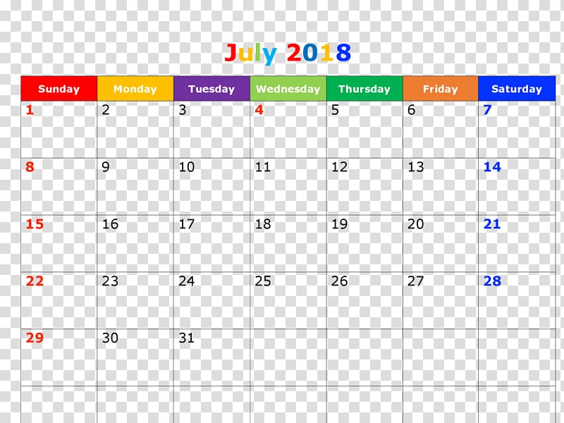 Calendar 0 July Template Microsoft Excel, JULY 2018 transparent background PNG clipart