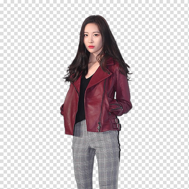 woman in red leather zip jacket and grey pants, Sunmi Red Leather Jacket transparent background PNG clipart