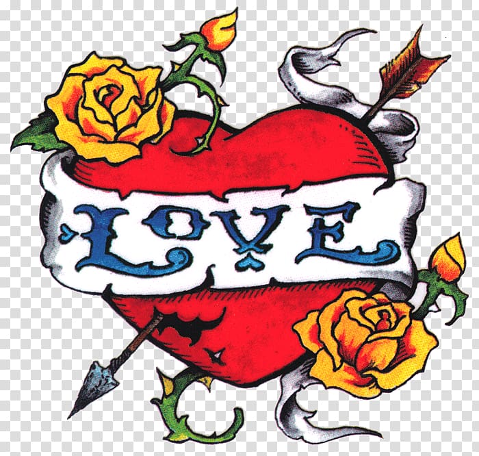 heart love with yellow rose flower , Love Tattoo Kitsch transparent background PNG clipart