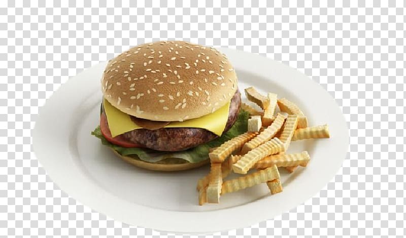 Hamburger French fries Fast food Hot dog Breakfast, Free breakfast burger plus fries buckle material transparent background PNG clipart