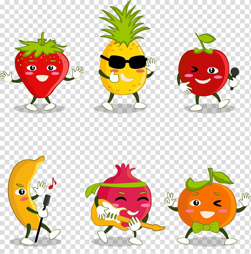 six assorted-variety , Fruit Cartoon, hand-painted cartoon fruit transparent background PNG clipart