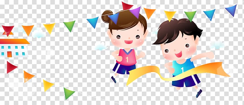 boy and girl on buntings , Schoolyard Sports day Cartoon Illustration, cartoon children Games on transparent background PNG clipart