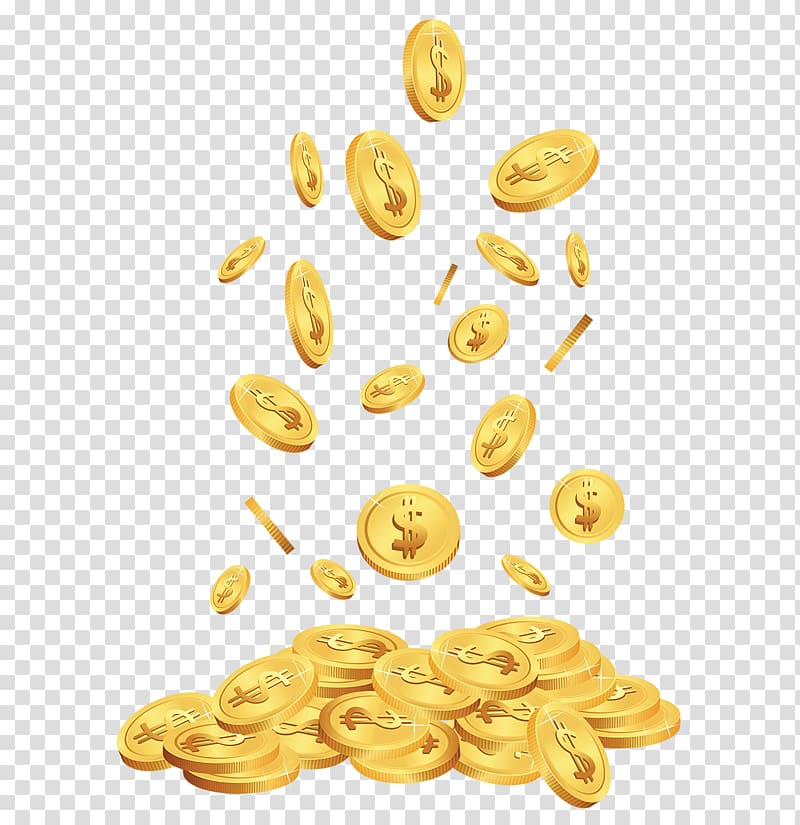 gold-colored dollar coins, Cent Coin , Spilled gold coins transparent background PNG clipart