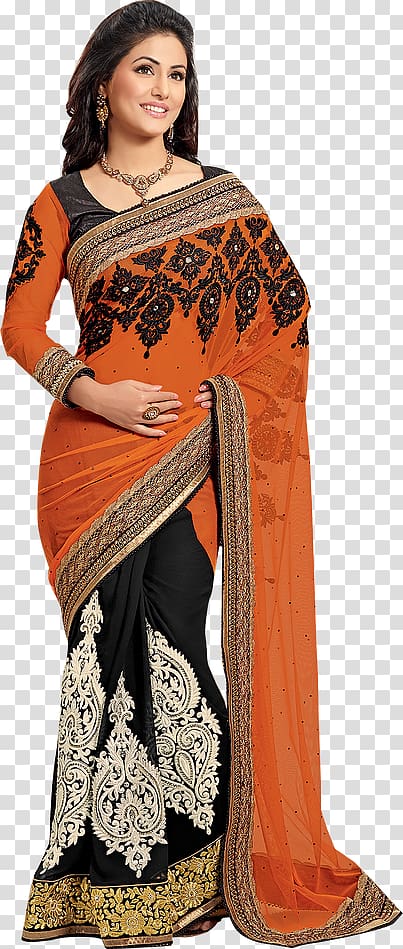Women's orange and black sari dress, Hina Khan Wedding sari Georgette ...