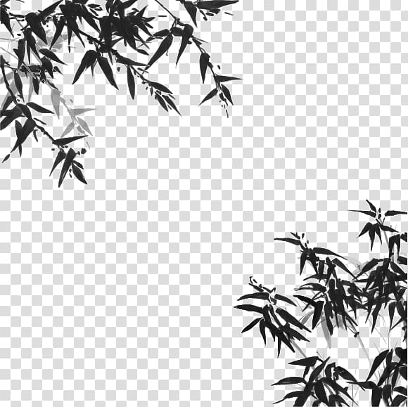 black leaves illustration, Japanese painting Ink wash painting Drawing, Chinese painting style bamboo material transparent background PNG clipart