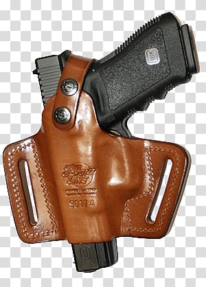 black gun on brown holster, Pistol In Holster transparent background PNG clipart