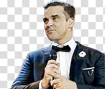man holding dynamic microphone, Robbie Williams Singing transparent background PNG clipart