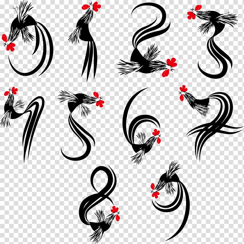 Rooster Chinese New Year Illustration, The effect of numbers 0 to 9 transparent background PNG clipart