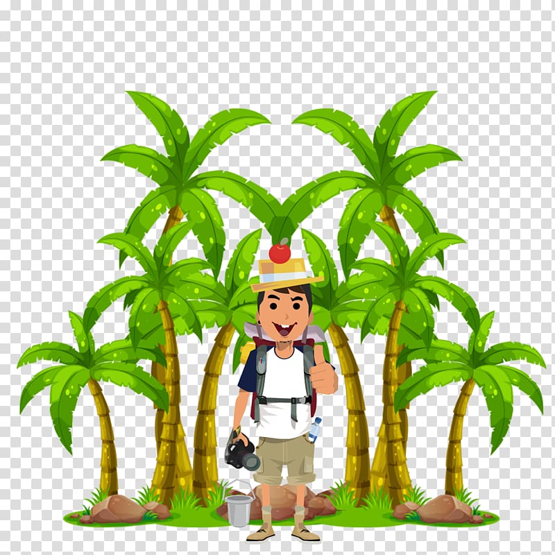 Coconut Tree Flat design, Man Walks transparent background PNG clipart