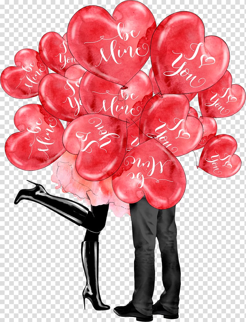 red heart balloons illustration, Paris Love Valentines Day Heart , Lovers under love balloons transparent background PNG clipart