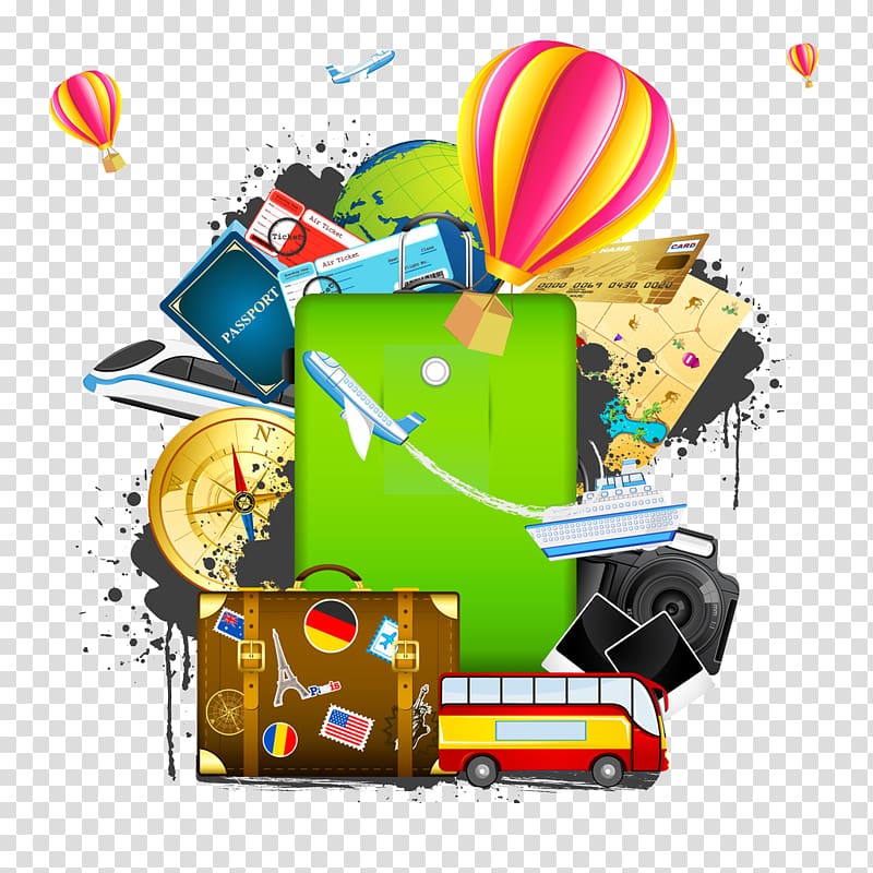 bus and hot air balloon , Air travel Illustration, Travel with suitcase transparent background PNG clipart