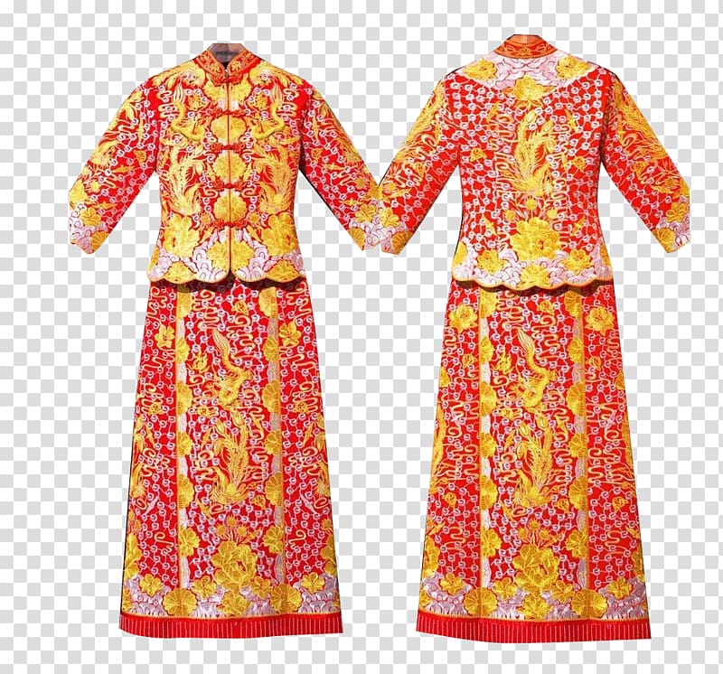 China Wedding dress Cheongsam, Dragon and Phoenix men and women show suit material transparent background PNG clipart