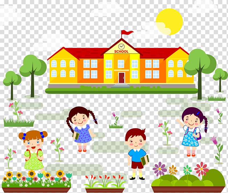 four children standing near school , Student First day of school , Back to school children transparent background PNG clipart