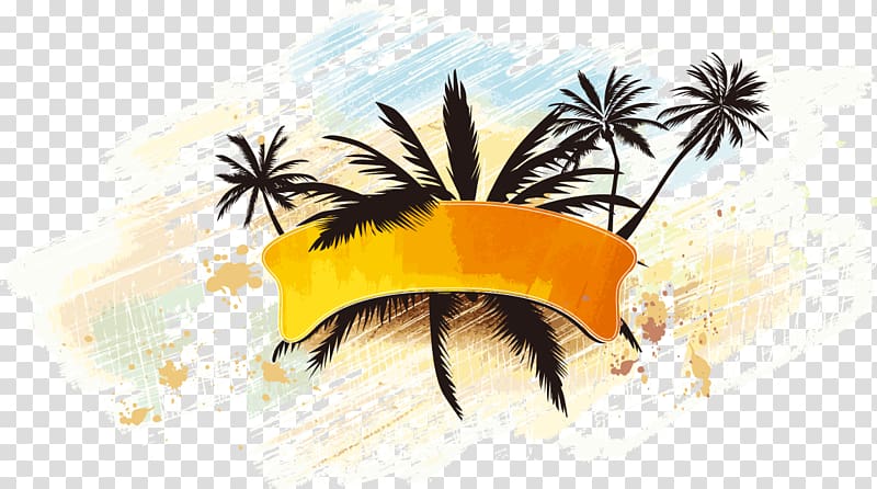 coconut tree and frame illustration, Hawaiian Beaches Miami Beach, Coconut tree watercolor effect pattern transparent background PNG clipart