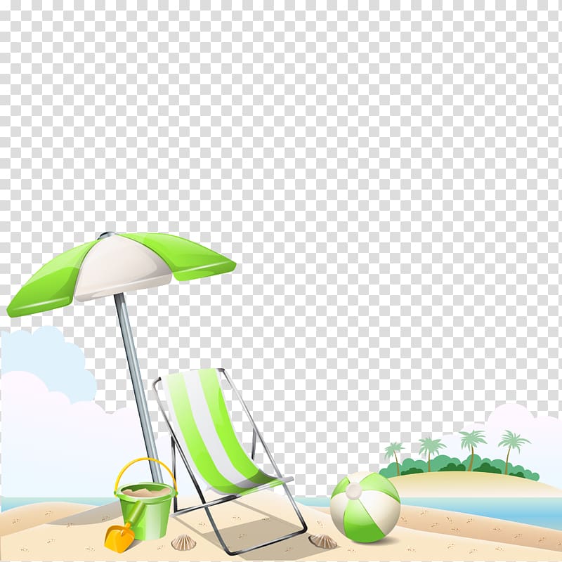 green umbrella and folding chair , Beach Summer, Fresh summer vacation background material transparent background PNG clipart