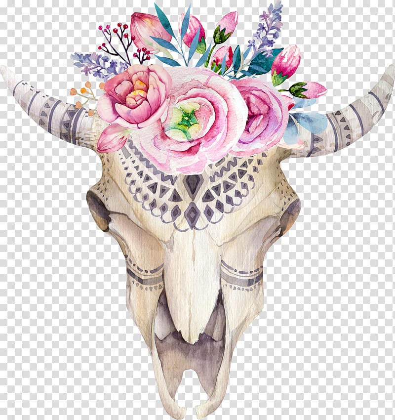 animal horn painting, T-shirt Skull Flower Boho-chic Illustration, Bohemian watercolor painted bones Sheepshead ethnic pattern transparent background PNG clipart