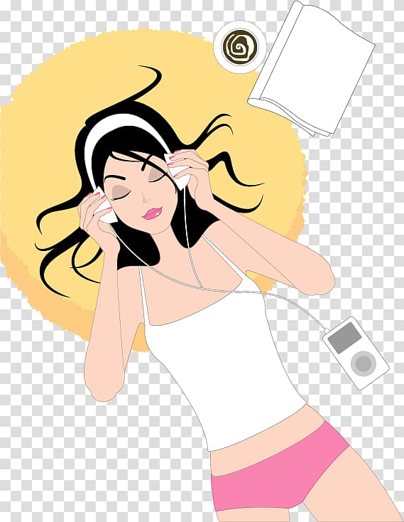 Music Drawing Illustration, illustration girl listening to music transparent background PNG clipart