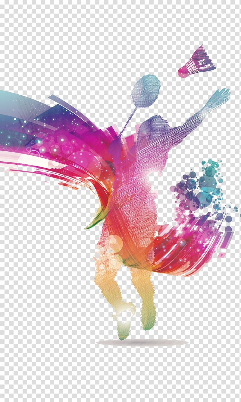 woman playing badminton painting, Sports Association Badmintonracket Shuttlecock, Colorful badminton silhouettes transparent background PNG clipart