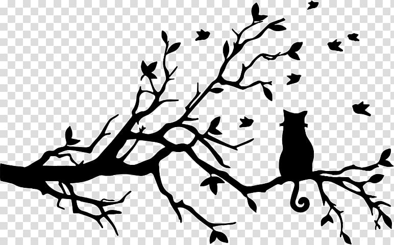 Cat Felidae Silhouette Tree Kitten, black and white flowers branch decorative backgrou transparent background PNG clipart