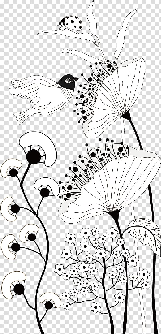 Black and white Decoupage Illustration, floral material transparent background PNG clipart
