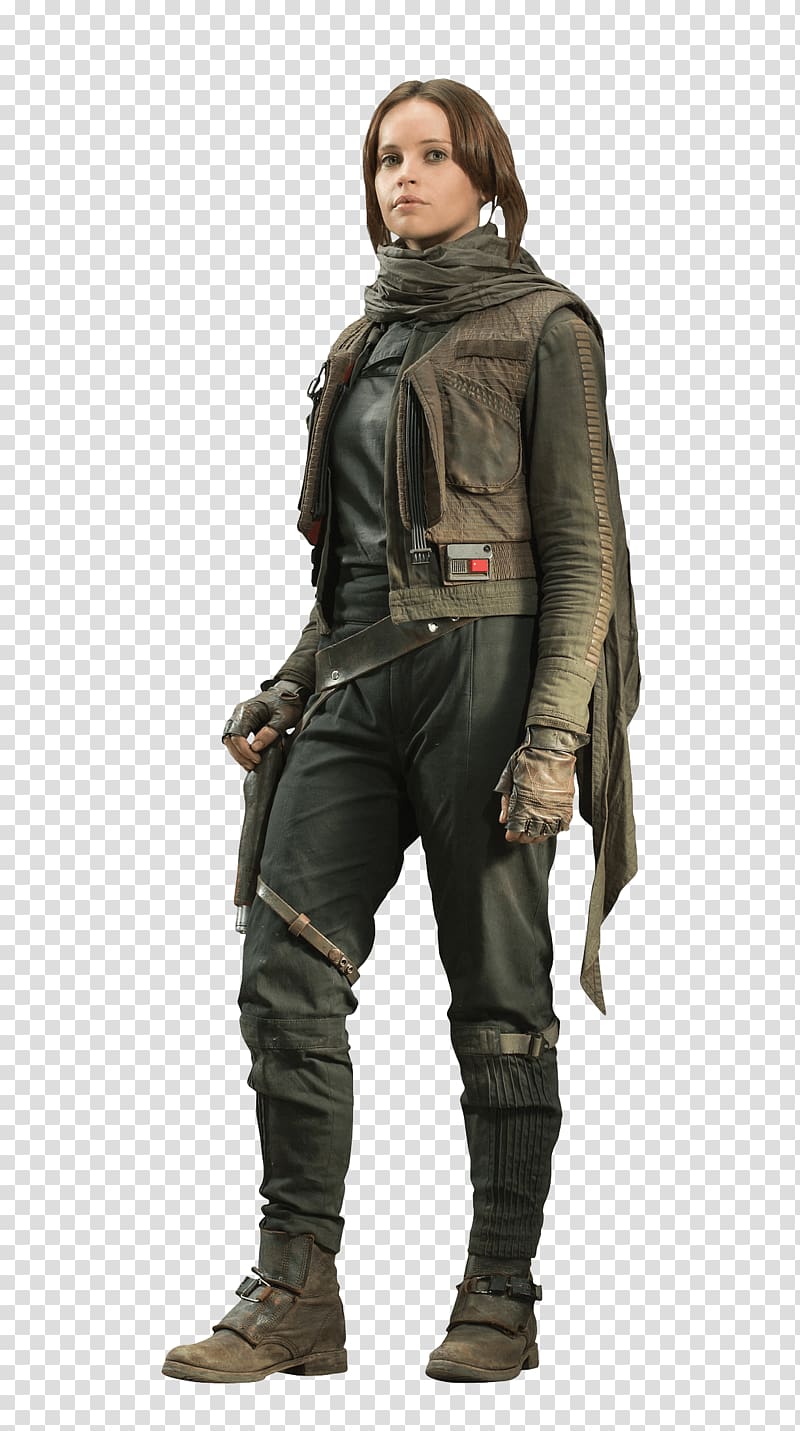 woman wearing brown jacket and pants, Rogue One Felicity Jones Jyn Erso transparent background PNG clipart