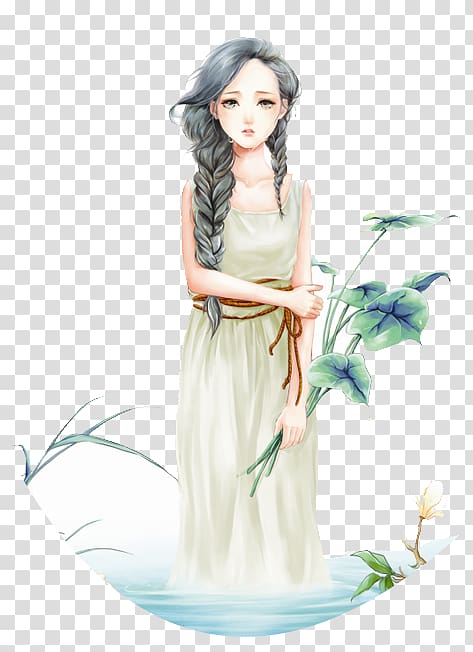 gray haired female anime character holding plant art, Drawing Cartoon , Aesthetic creative element fantasy,beauty,girl transparent background PNG clipart