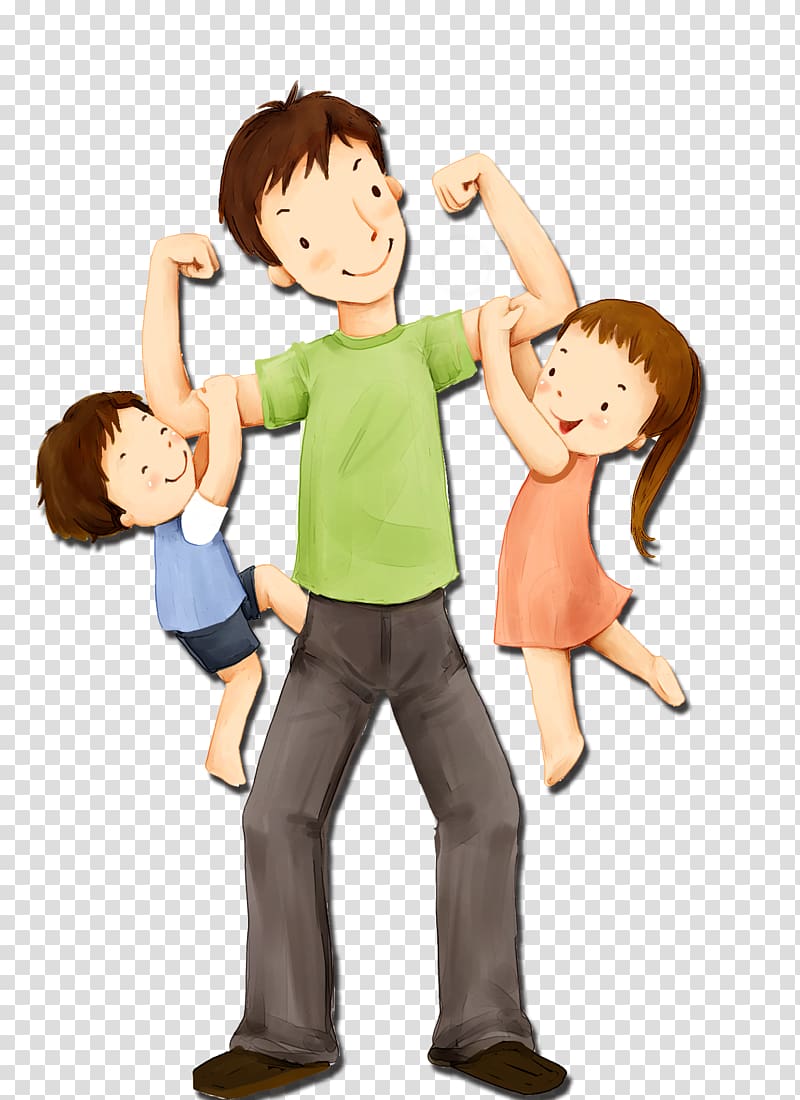 Father's Day Sunday Child Illustration, Dad and kids, man carrying two child illustration transparent background PNG clipart