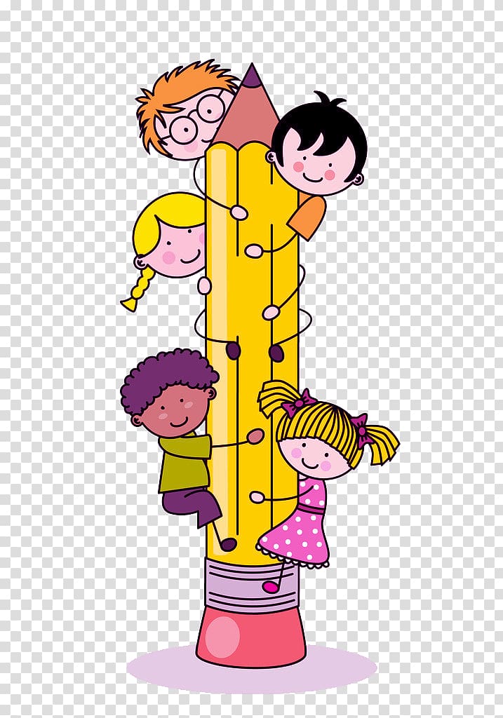 five character pencil , Child Pencil , Children holding a pencil transparent background PNG clipart