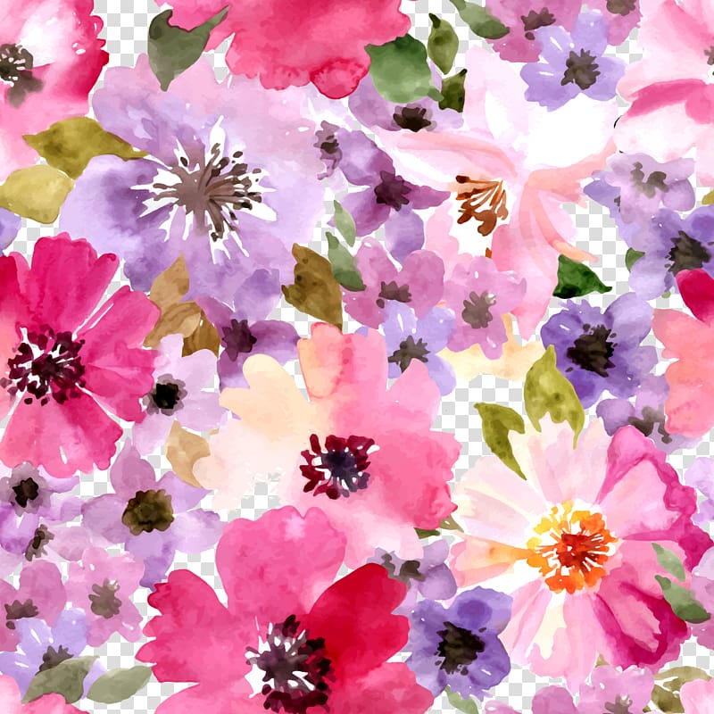 Watercolor Floral seamless background material, pink and purple flowers painting transparent background PNG clipart